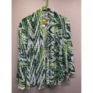Ruby Rd Womens‎ Open Knit Cardigan Sweater Green White Black Print XL
